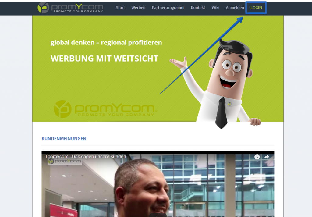Den Login-Bereich auf Promycom findest du rechts oben in der Navigation